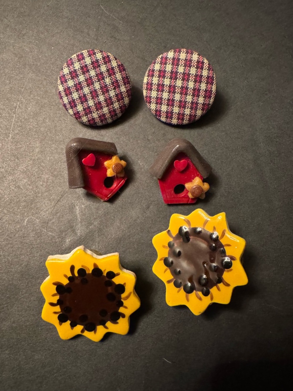 Set of 3 vintage Cute Button Earring Pairs - Plaid, Birdhouse & Sunflower